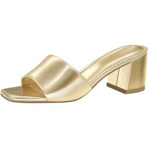 🆕Women's Gold Pu Square Open Toe Heels Sandals Low Block Chunky Heeled Sandal